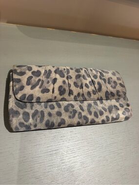Leopard Print Suede Clutch - Gray